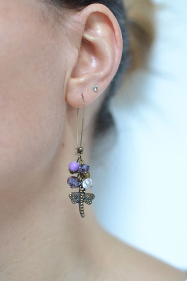 boucles d'oreilles pendantes libellules violettes