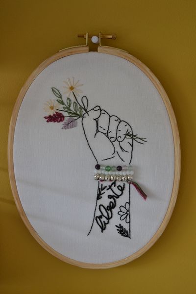 ma broderie liberté poing levé encadrée sur un mur jaune